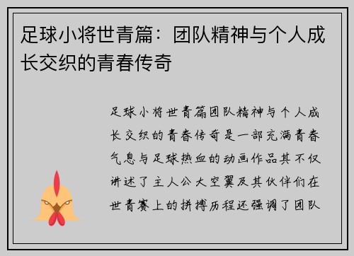 足球小将世青篇：团队精神与个人成长交织的青春传奇